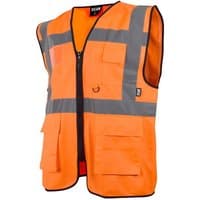 Orange hi-vis utility waistcoat with grey reflective stripes, multiple pockets, and black trim.