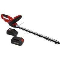 Red Sealey cordless hedge trimmer with black handle, long blade, 20V battery, and charger included.
