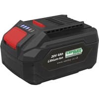 Black Sealey 20V 4Ah lithium-ion battery with red accents and LED charge indicator.