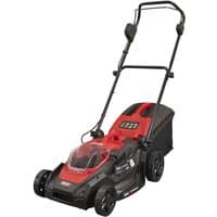 Red and black Sealey cordless lawnmower with 40cm cutting width, ergonomic handle, and rear grass collection box.