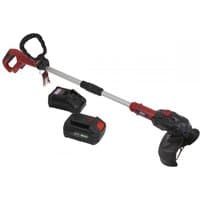 Red and black Sealey cordless strimmer with 20V battery, ergonomic handle, adjustable shaft, and charger.