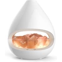 White teardrop-shaped aroma diffuser with central window displaying pink Himalayan salt rocks.
