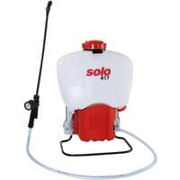 White Solo SO417 18L backpack sprayer with red cap, black wand, and hose, featuring Solo logo in red.