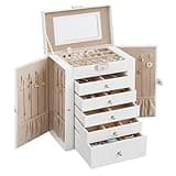 White 6-tier jewellery box with 5 drawers, mirror, lockable, side doors for hanging, by SONGMICS, cloud white finish.