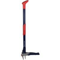 Blue and red Spear & Jackson Razorsharp Weed Puller with long handle and metal prongs.