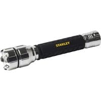 Black and silver Stanley 500 Lumens hand torch with textured grip and metallic ends.