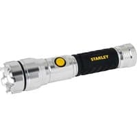 Silver Stanley rechargeable hand torch with black grip, yellow button, and ribbed handle.