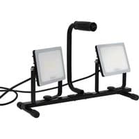 Stanley Twin Head 360 Degree Work Light with dual adjustable square lamps on a black stand with a central handle.