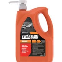 Orange Swarfega hand cleaner pump bottle, 4 litre, with handle and black label detailing usage instructions.