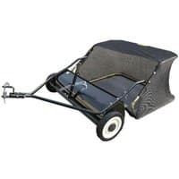 Towed lawn sweeper with black mesh collection bag, metal frame, and white wheels, 106cm wide by Greenworks.