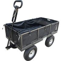 Black Handy garden trolley with mesh sides, liner, tool tray, and four pneumatic wheels.