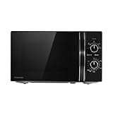Toshiba black microwave with mirror front, manual controls, 20L capacity, 5 power levels, and defrost function.
