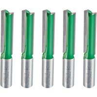 Set of five silver and green router bits with cylindrical shanks and sharp cutting edges.