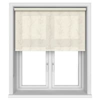 Ecru roller blind with subtle leaf pattern, fitted inside a white window frame.
