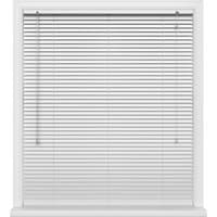 White horizontal window blinds with pull cord and tilt wand, set in a white frame.