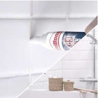 Ultra-White Anti-Mould Grout Reviver Pen, blue and white design, shown in use on bathroom tiles, 2 pack.