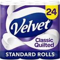 Velvet Classic Quilted Toilet Rolls pack, 24 rolls, purple packaging with white quilted design and yellow number 24.