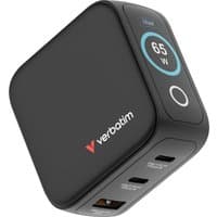 Black Verbatim Mini GaN Charger 65W with digital display, USB-C ports, and compact design.