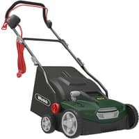 Green and black Webb electric lawn rake with red accents, 36cm width, 1500W motor, and adjustable handle.