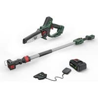 Green and black Webb cordless pruning saw with 15cm blade, extension pole, 20V 2Ah battery, and charger.