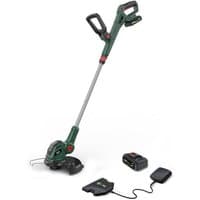 Green Webb cordless line trimmer with black handle, 25cm cutting head, 20V battery, and charger included.