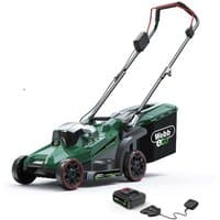 Green Webb 20V rotary lawnmower with 33cm cutting width, black wheels, red accents, 4Ah battery, and charger.