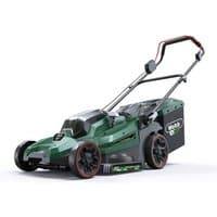 Green Webb cordless rotary lawnmower with 33cm cutting width, black wheels, and red accents, includes dual 4Ah batteries.