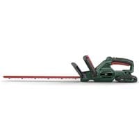 Green Webb cordless hedge trimmer with 50cm blade, black handle, and red accents, includes 2Ah battery and charger.