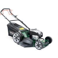 Green Webb 53cm self-propelled rotary lawnmower with alloy deck, black grass collector, and large rear wheels.