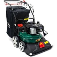 Green and black Webb 58cm petrol self-propelled vacuum with large rear collection bag and sturdy wheels.
