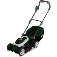 Green Webb Classic 33cm rotary lawnmower with rear roller, black grass box, and ergonomic handle.