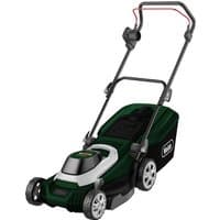 Green and black Webb rotary lawnmower with 40cm cutting width, rear roller, and ergonomic handle.