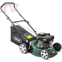 Green Webb 41cm self-propelled petrol rotary lawnmower with black engine, red handle, and rear grass collection bag.