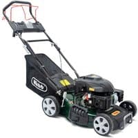 Black and green Webb self-propelled petrol lawnmower with electric start, 46cm cutting width, and rear grass collector.