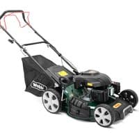 Green and black Webb 51cm self-propelled petrol rotary lawnmower with large rear wheels and grass collection bag.