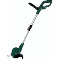 Green Webb electric line trimmer with black handle, silver shaft, and 250mm cutting head.