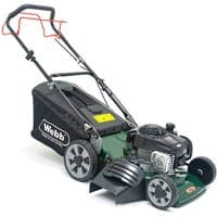 Green Webb petrol rotary lawnmower with high wheels, black grass collector, and red-handled self-propelled mechanism.