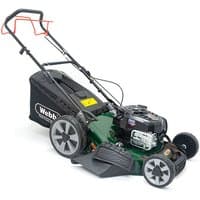Green Webb petrol rotary lawnmower with black high wheels, self-propelled, and rear grass collection bag.