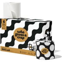 Who Gives a Crap Extra Soft Bamboo Toilet Tissue, 6 Mega Rolls, black and white wavy and polka dot packaging.