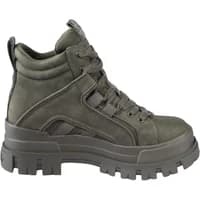 Dark green women's Buffalo Aspha NC Mid boots with chunky sole, lace-up front, and padded ankle collar.