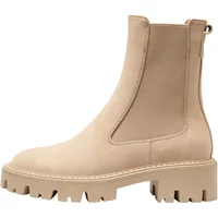 Beige nubuck women's boots with chunky sole, elastic side panels, and pull tab at the back.