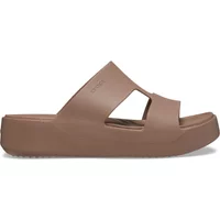 Brown women's Crocs Getaway Platform H-Strap slides with thick sole and cut-out H-shaped straps.