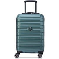 Green twill expandable carry-on suitcase with four wheels, ribbed texture, and telescopic handle.