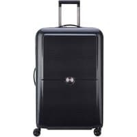 Black Delsey Turenne 75cm Spinner suitcase with textured surface, telescopic handle, and four wheels.