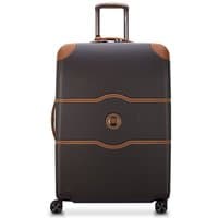 Brown Delsey Chatelet Air 2.0 suitcase, 76cm, with four double wheels, tan accents, and telescopic handle.