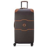 Brown Delsey Chatelet Air 2.0 suitcase, 80cm, with 4 double wheels, leather accents, and telescopic handle.