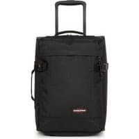 Black Eastpak Tranverz XXS travel suitcase with telescopic handle, front pocket, and side buckles.