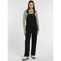 Black Dickies loose canvas bib overalls, medium size, with adjustable straps and front pocket.