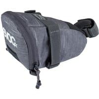 Gray Evoc Tour 0.7L seat bag with zip closure, adjustable straps, and logo on the side.