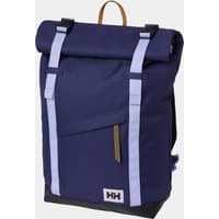 Purple Helly Hansen waterproof backpack, 28L, roll-top closure, adjustable straps, front logo patch.